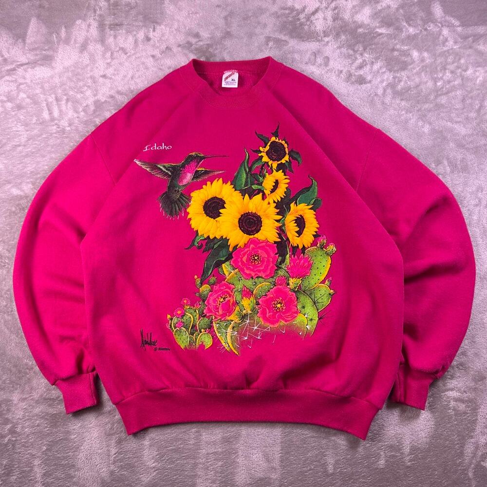 Vintage Idaho Hummingbird Sunflower Sweatshirt Pink XL Jerzees USA